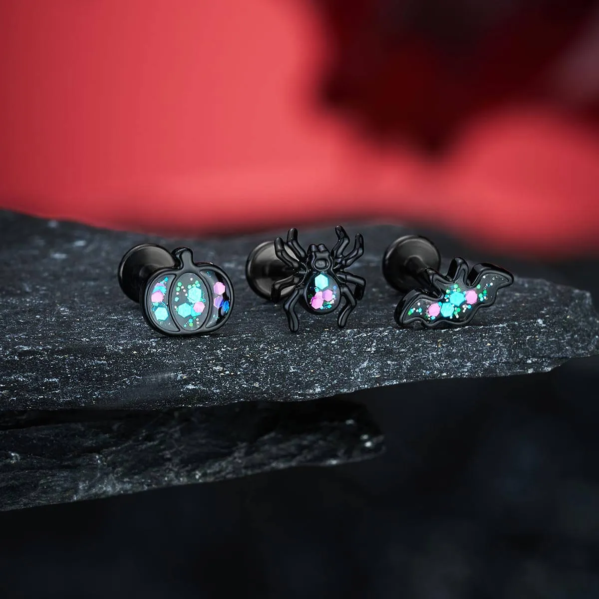 16G 3PCS Pumpkin/Spider/Bat Internally Threaded Halloween Cartilage Studs Set