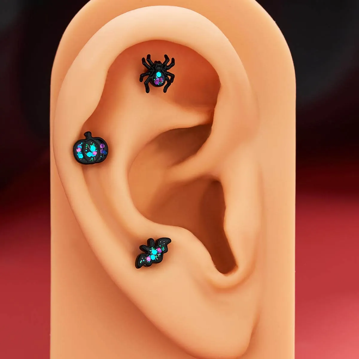 16G 3PCS Pumpkin/Spider/Bat Internally Threaded Halloween Cartilage Studs Set