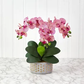 17" Phalaenopsis Orchid Artificial Arrangement in Bowl with Gold Trimming