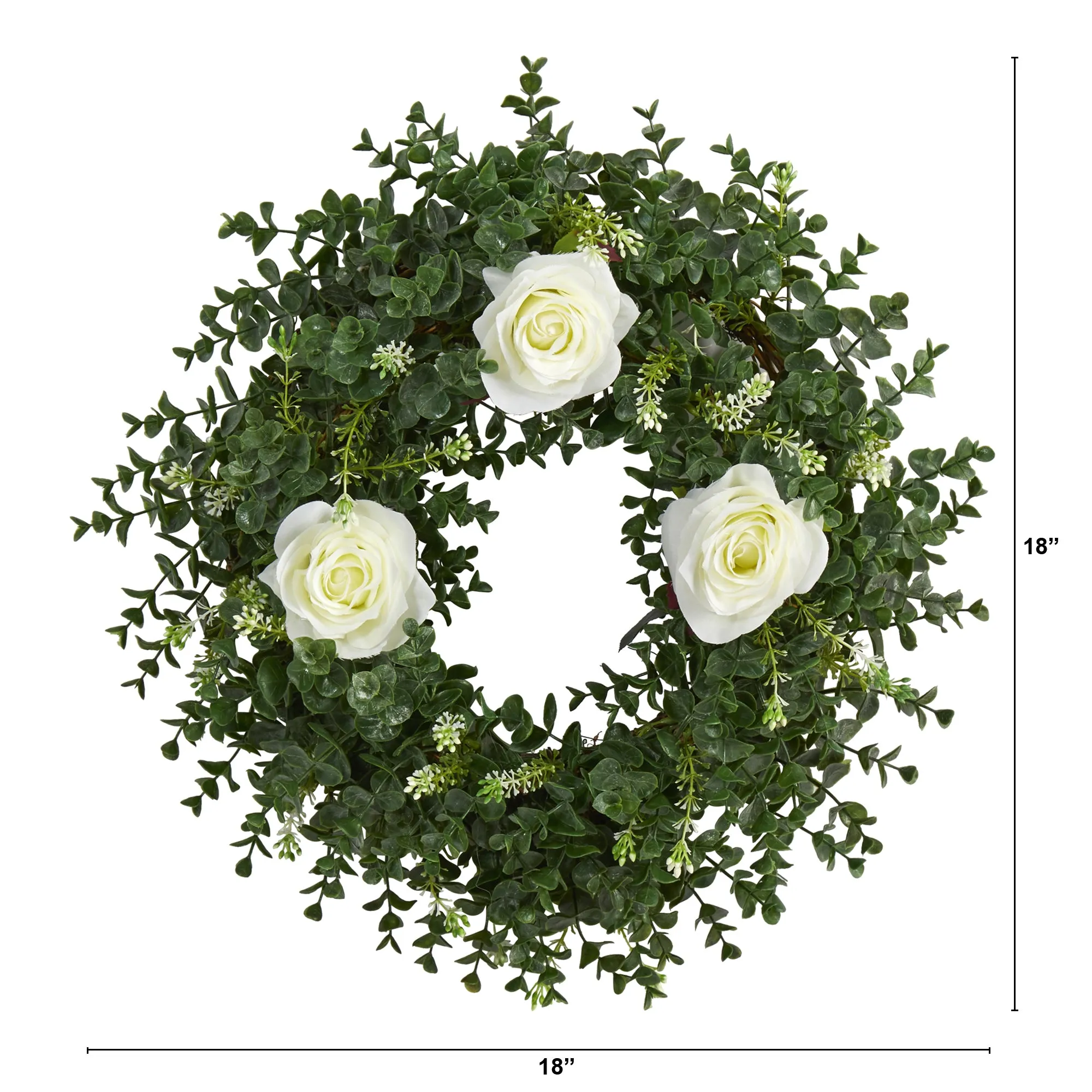 18" Eucalyptus and Rose Double Ring Artificial Wreath with Twig Base