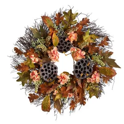 22" Autumn Hydrangea, Dried Lotus Pod Artificial Fall Wreath