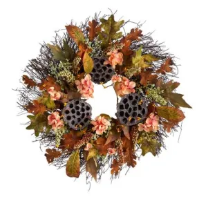 22" Autumn Hydrangea, Dried Lotus Pod Artificial Fall Wreath