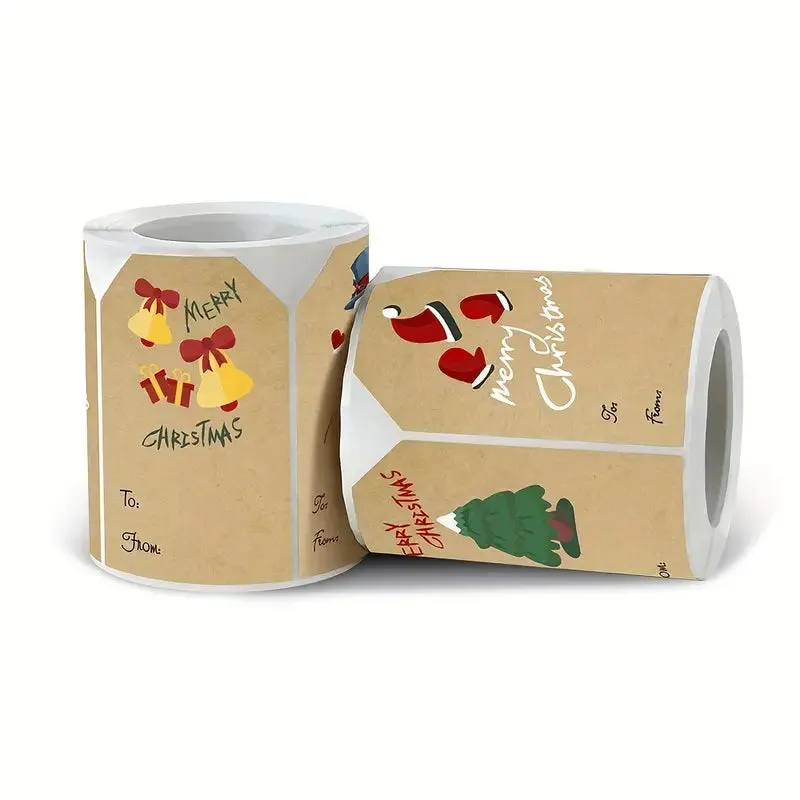 250 Pieces/Roll Christmas Stickers - 2x3 Kraft Paper Tree Socks Snowman Elk Merry Christmas