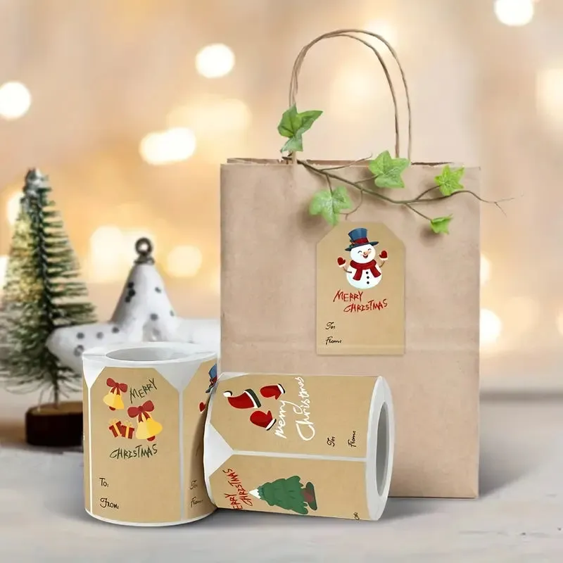 250 Pieces/Roll Christmas Stickers - 2x3 Kraft Paper Tree Socks Snowman Elk Merry Christmas