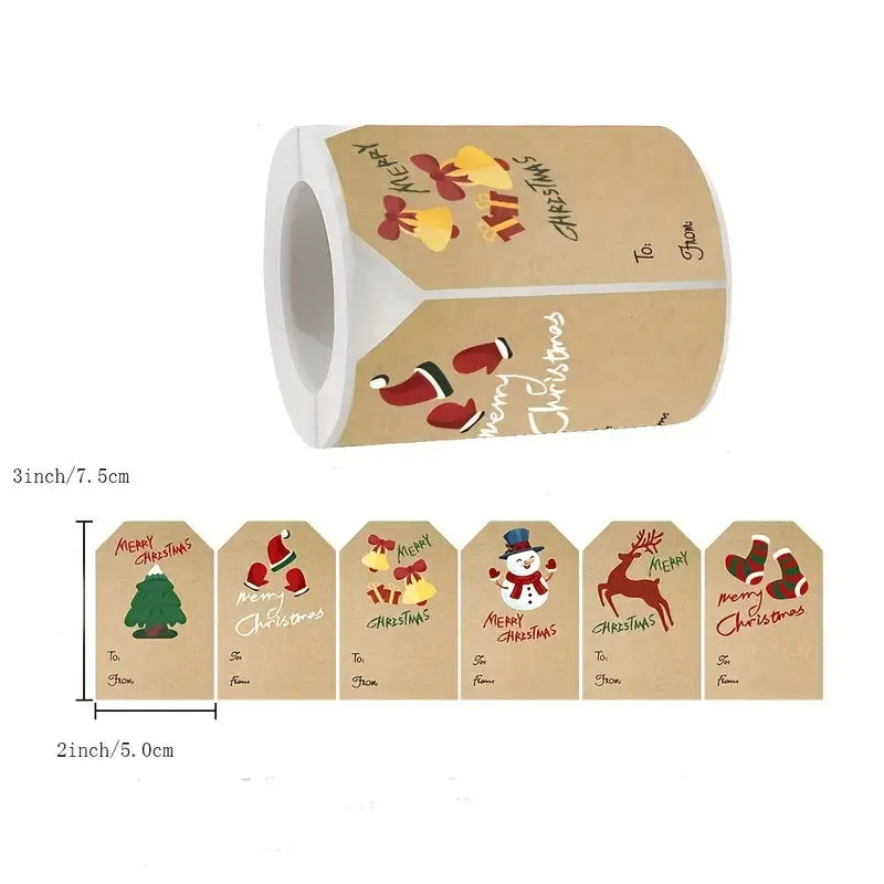250 Pieces/Roll Christmas Stickers - 2x3 Kraft Paper Tree Socks Snowman Elk Merry Christmas