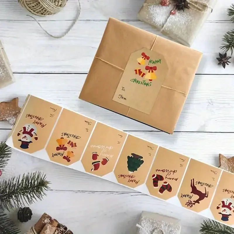 250 Pieces/Roll Christmas Stickers - 2x3 Kraft Paper Tree Socks Snowman Elk Merry Christmas