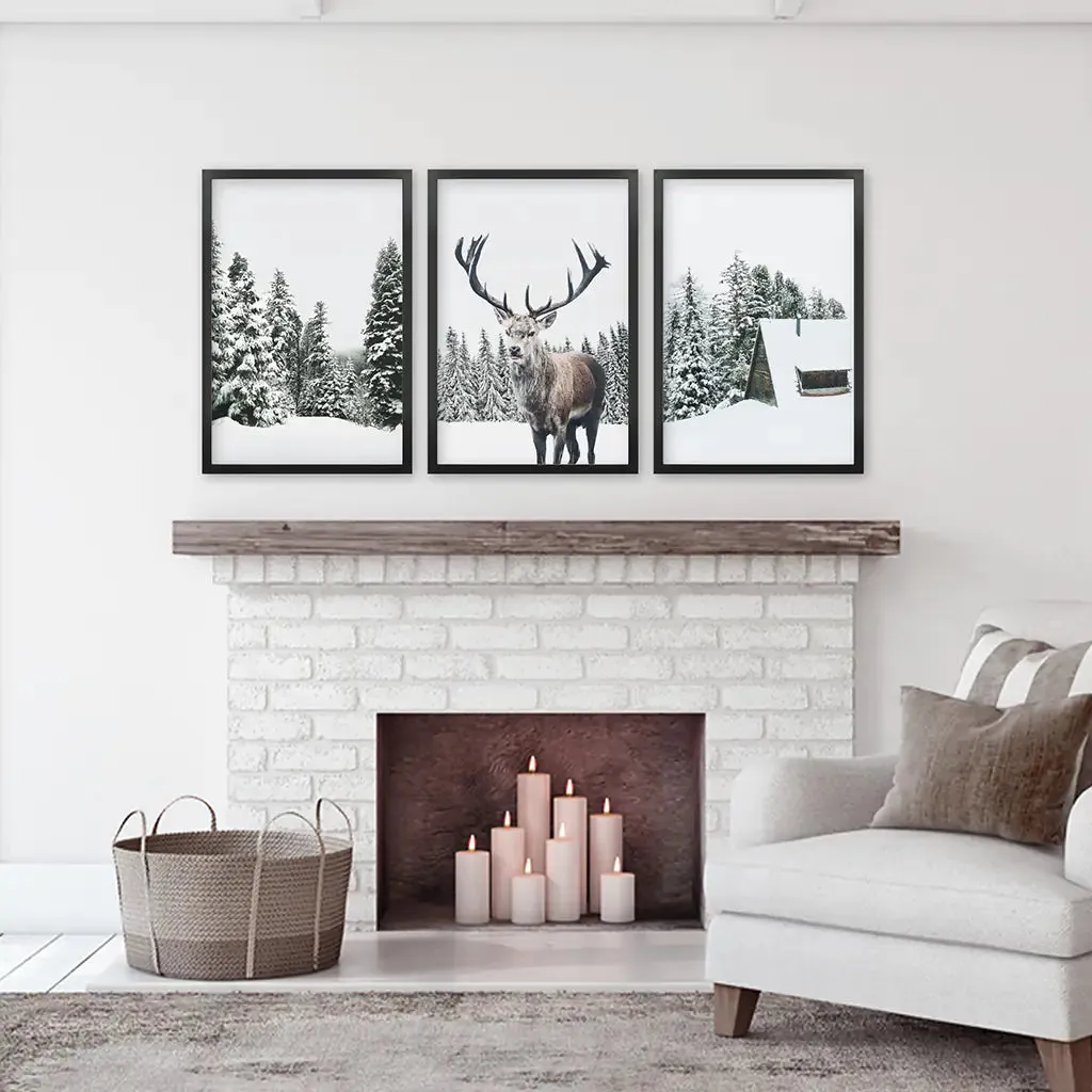 3 Piece Christmas Wall Art. Forest, Log Cabin, Reindeer