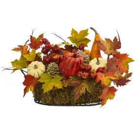 9" x 17" Artificial Pumpkin, Gourd, Berry and Maple Leaf Arrangement.