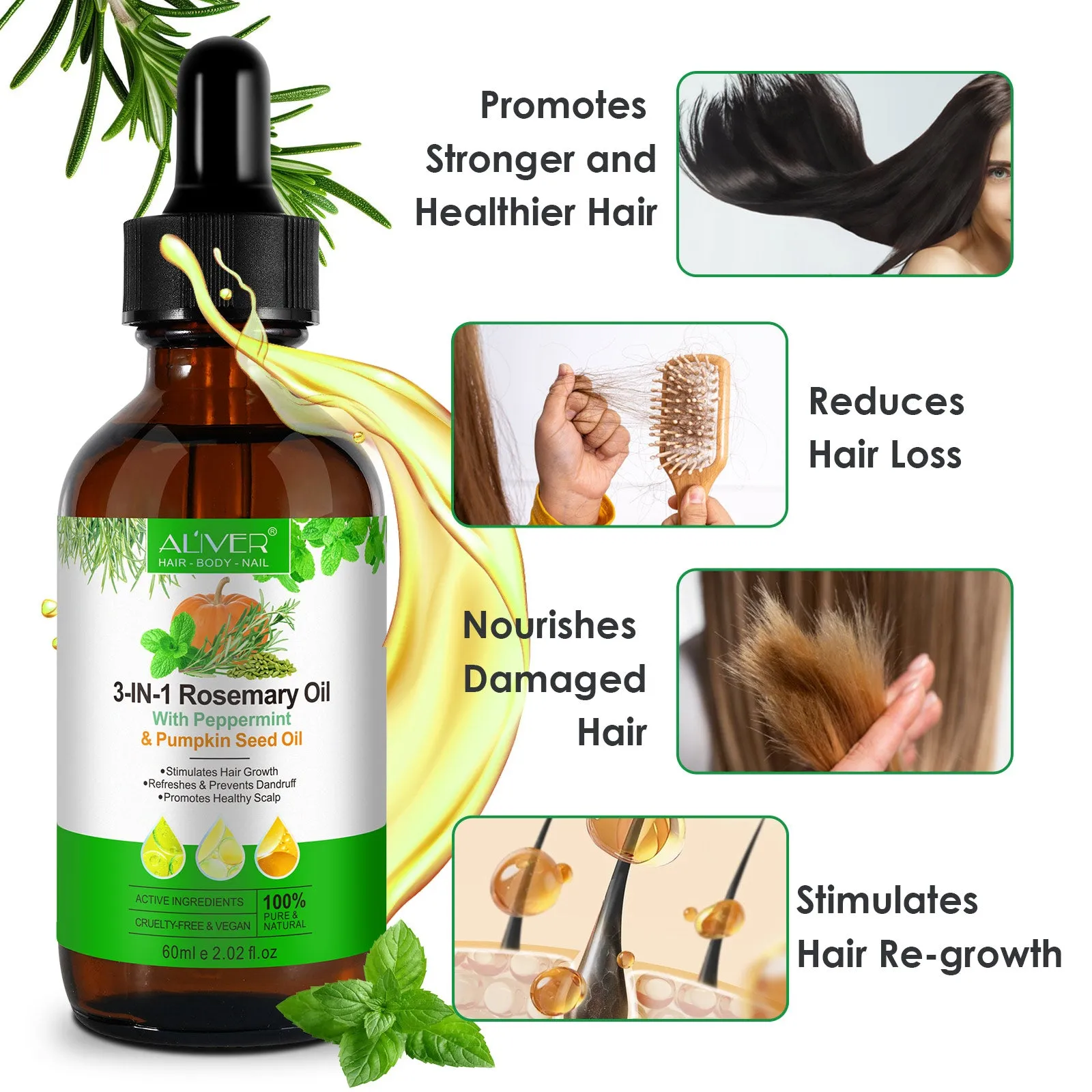 Aliver 3-IN-1 Rosemary Oil With Peppermint & Pumpkin Seed Oil