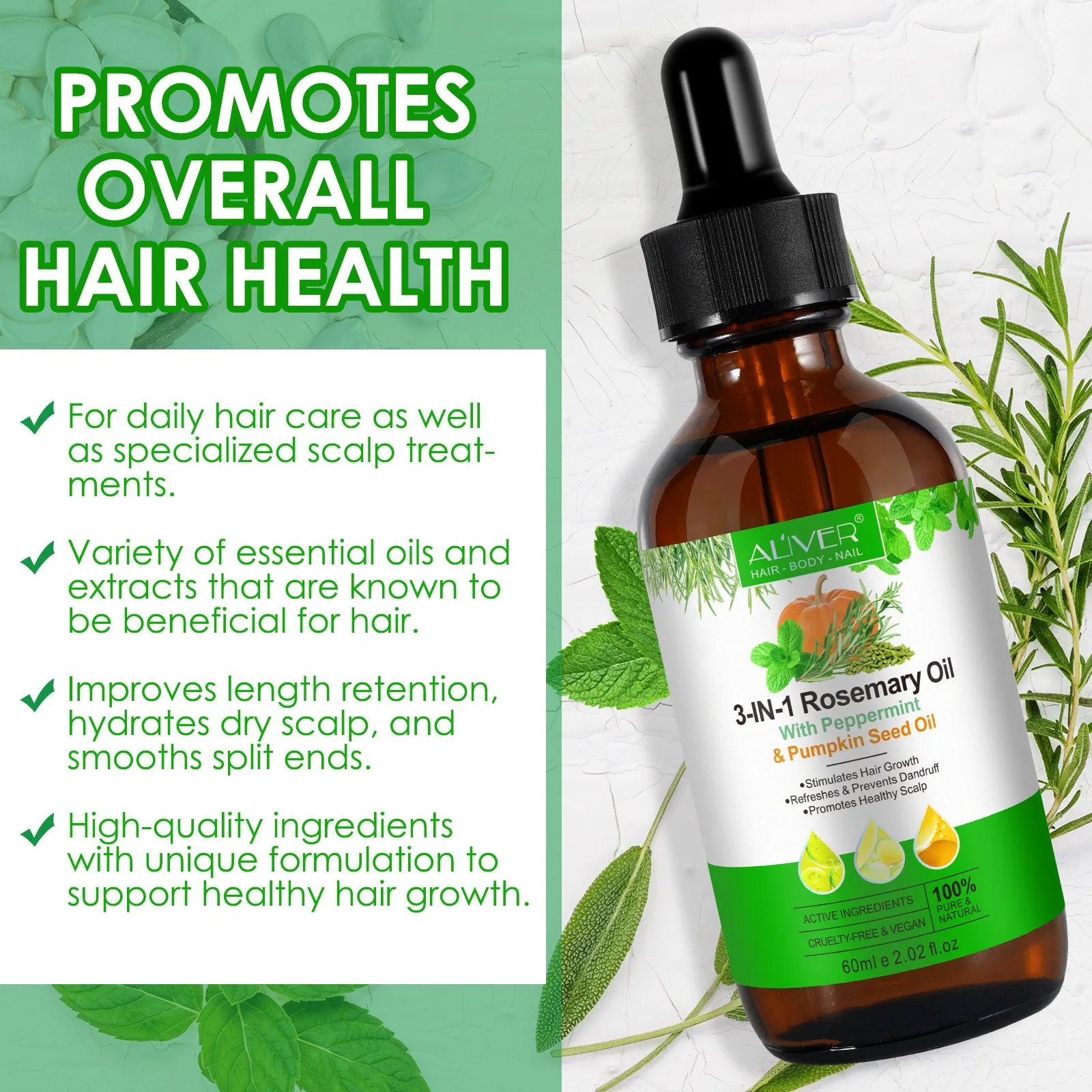 Aliver 3-IN-1 Rosemary Oil With Peppermint & Pumpkin Seed Oil