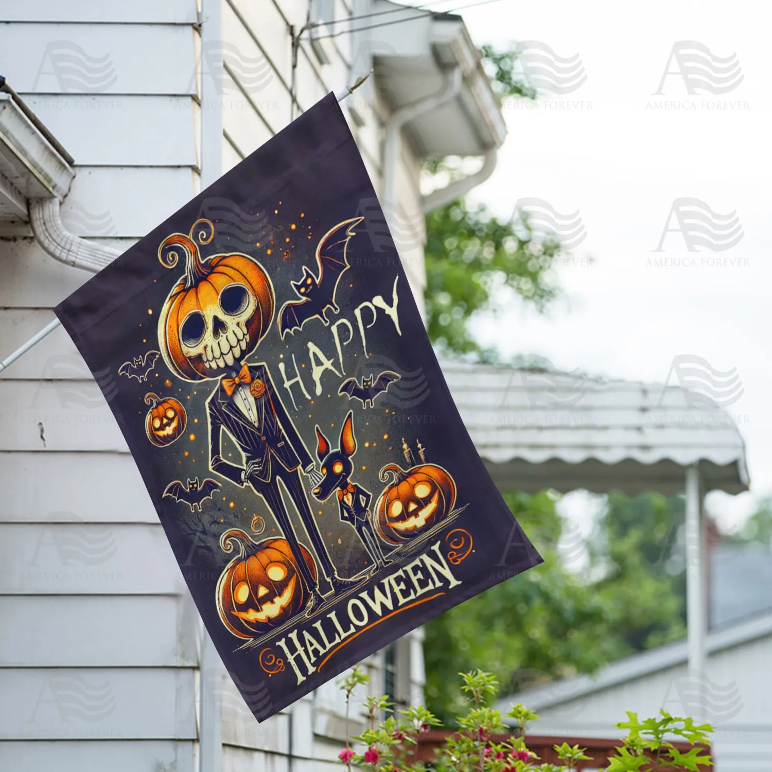 America Forever Happy Halloween Skeleton Double Sided House Flag