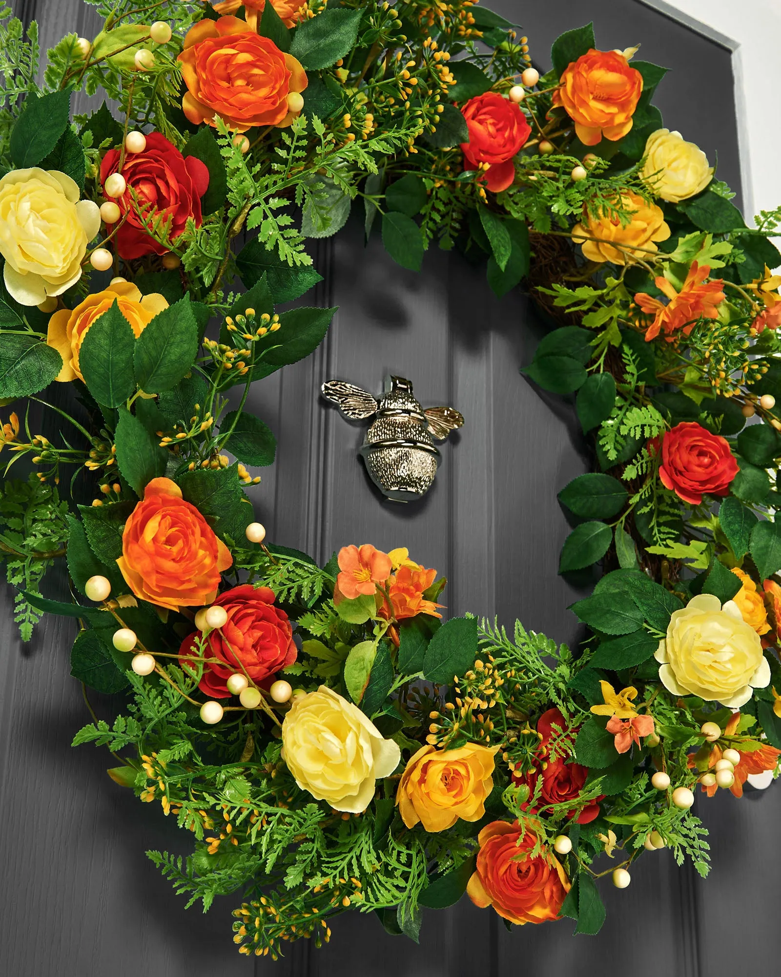 Artificial Floral Rose Wreath, Orange, 28 Inch
