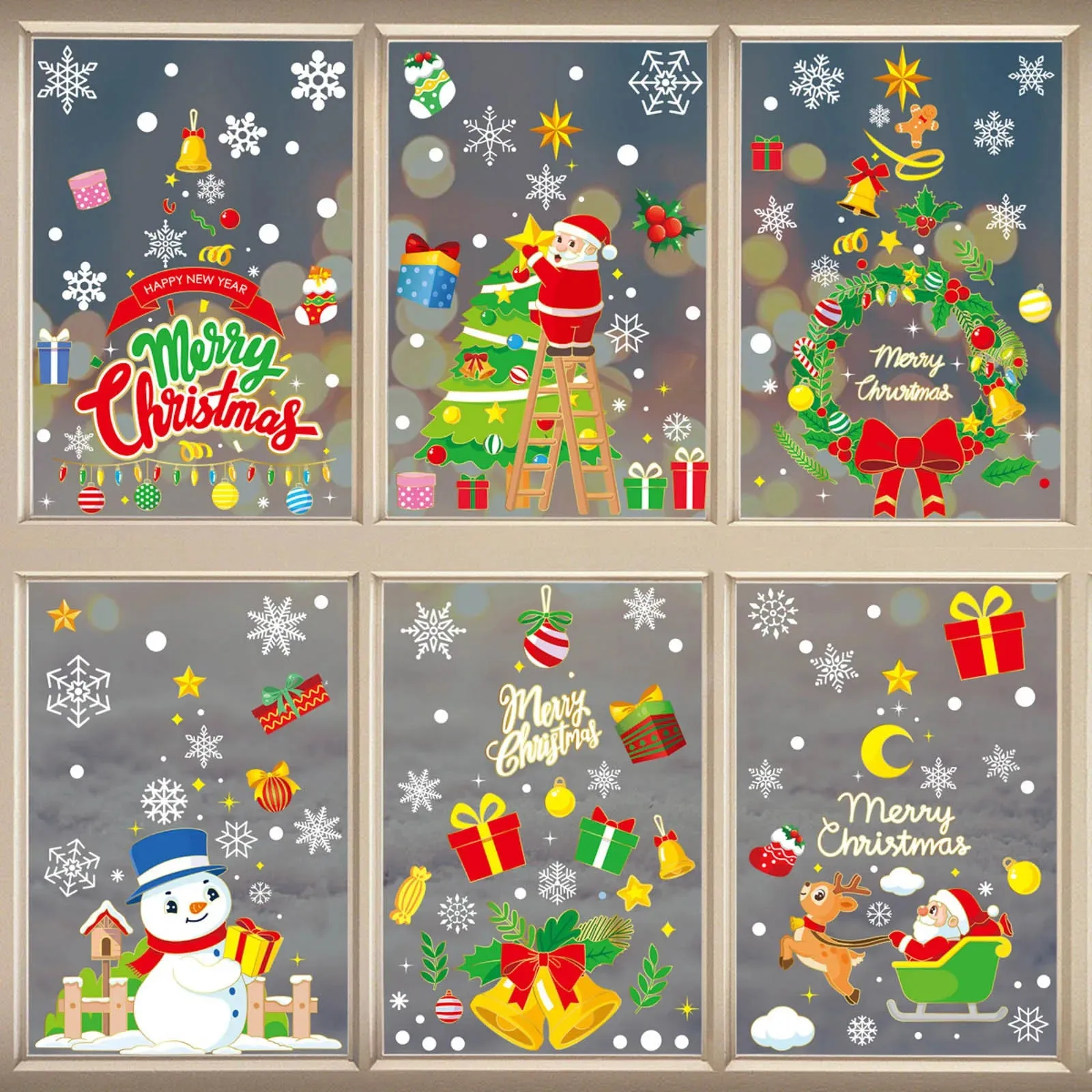 Cartoon Christmas Window Stickers - Santa Elk Xmas Decor for Festive Wall Mirrors