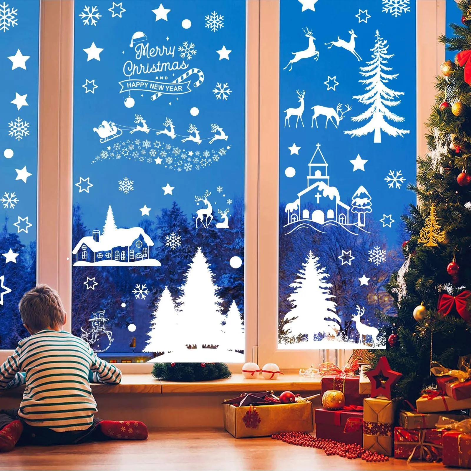 Christmas Electrostatic Window Stickers - Snowflake, Elk & Christmas Tree Designs