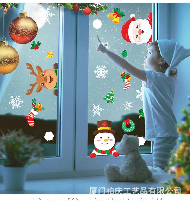 Christmas Showcase Glass Stickers, 3PCs Snowflake Bell Elk Double-Sided Static Sticker