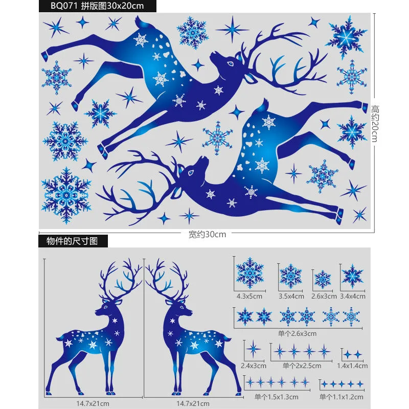 Christmas Showcase Glass Stickers, 3PCs Snowflake Bell Elk Double-Sided Static Sticker