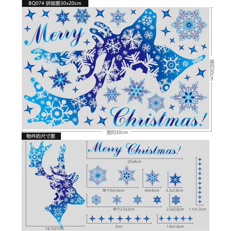 Christmas Showcase Glass Stickers, 3PCs Snowflake Bell Elk Double-Sided Static Sticker