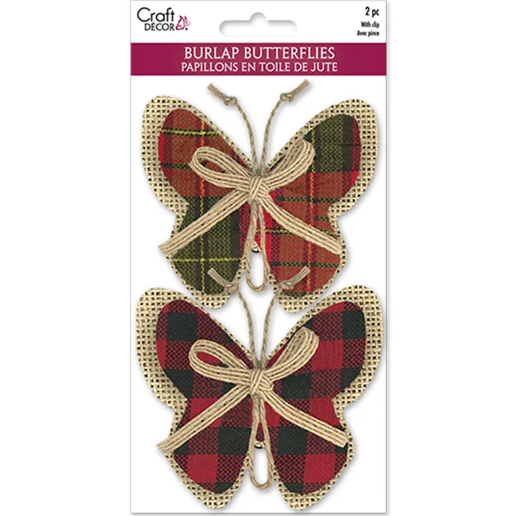 Craft Decor:  Burlap Butterflies X2 W/Clip   Burlap Ribbon -B, Plaid, 8.8cm x 10 cm