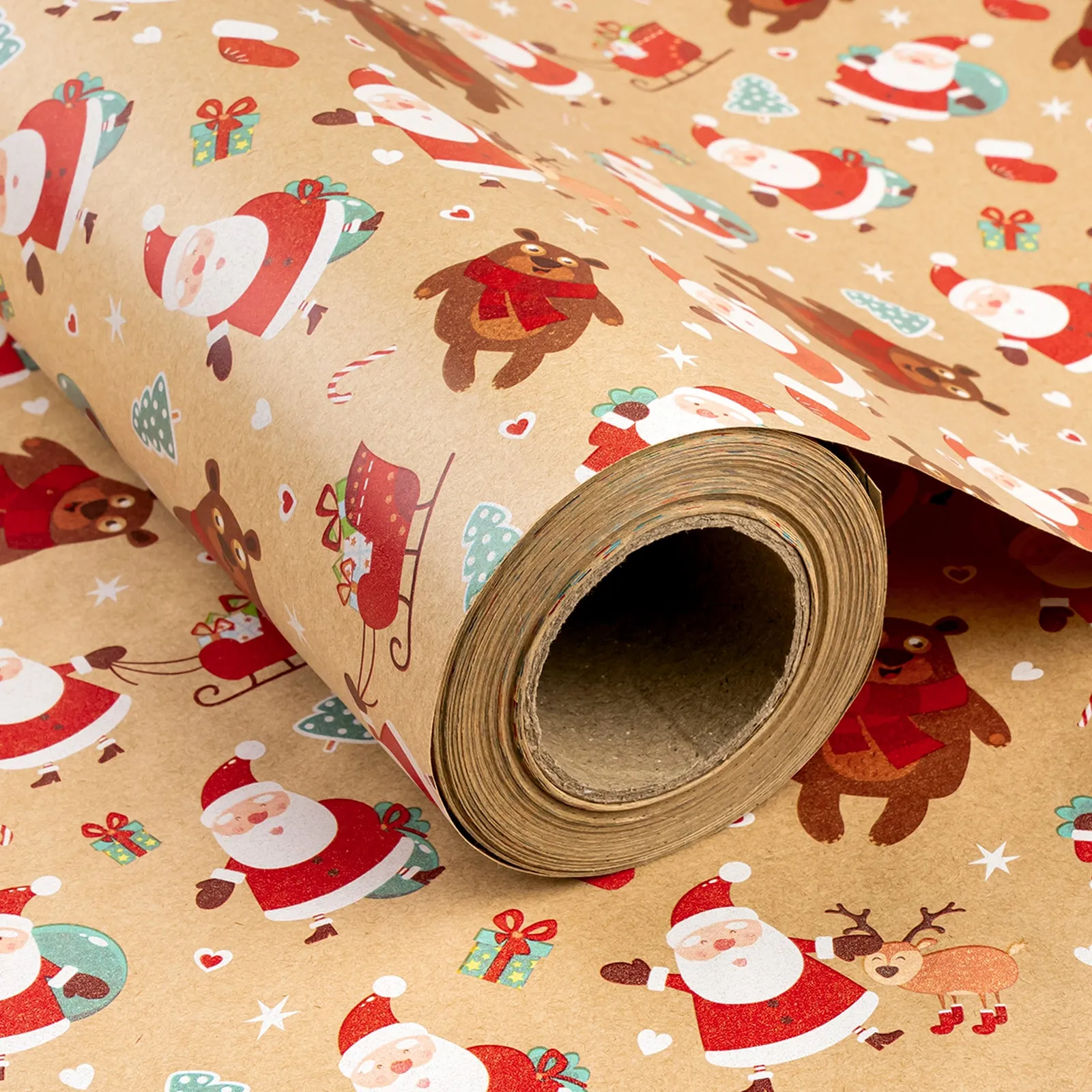 Cute Dancing Santa & Bear Christmas Kraft Wrapping Paper with Cut Line on Reverse