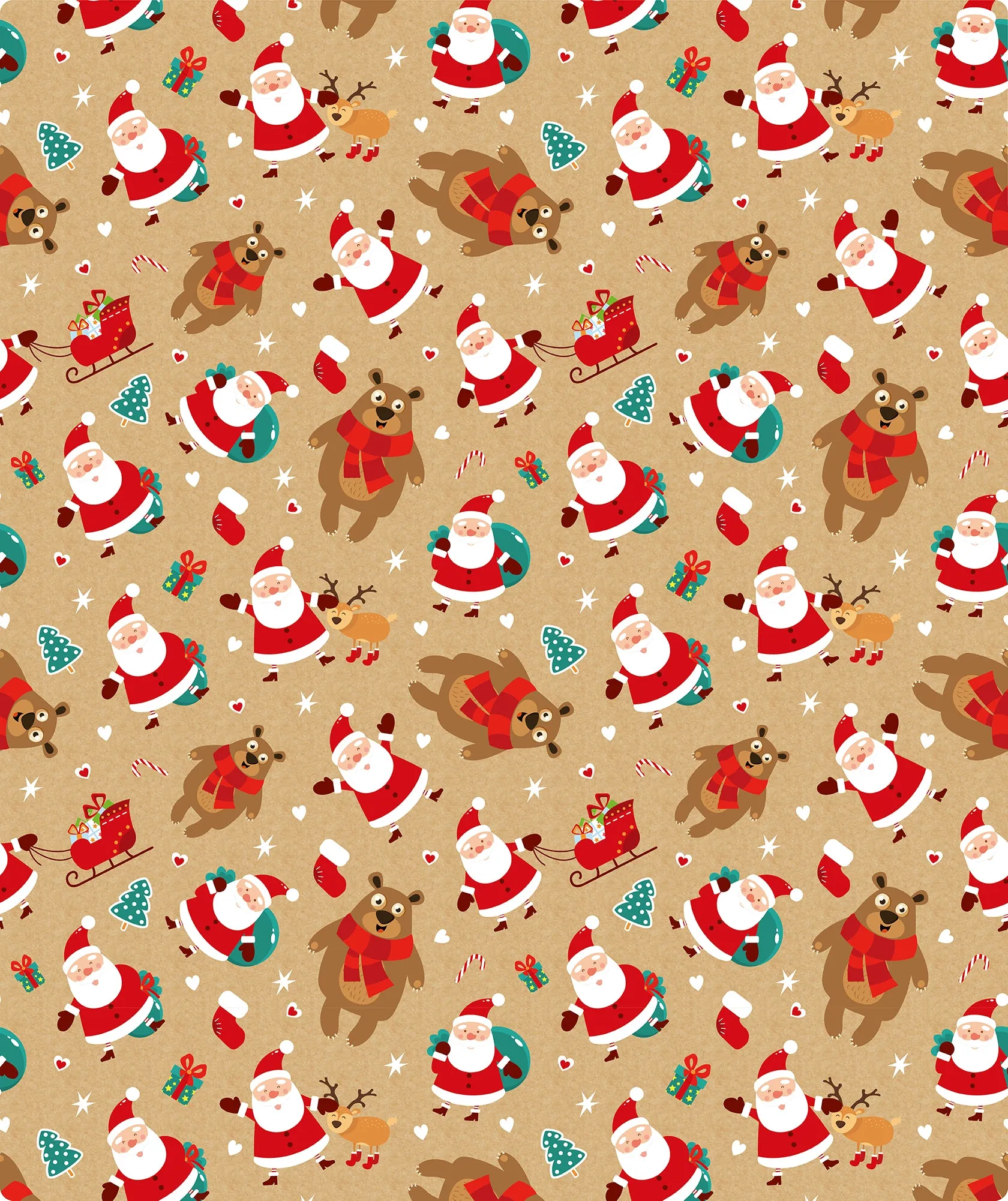 Cute Dancing Santa & Bear Christmas Kraft Wrapping Paper with Cut Line on Reverse