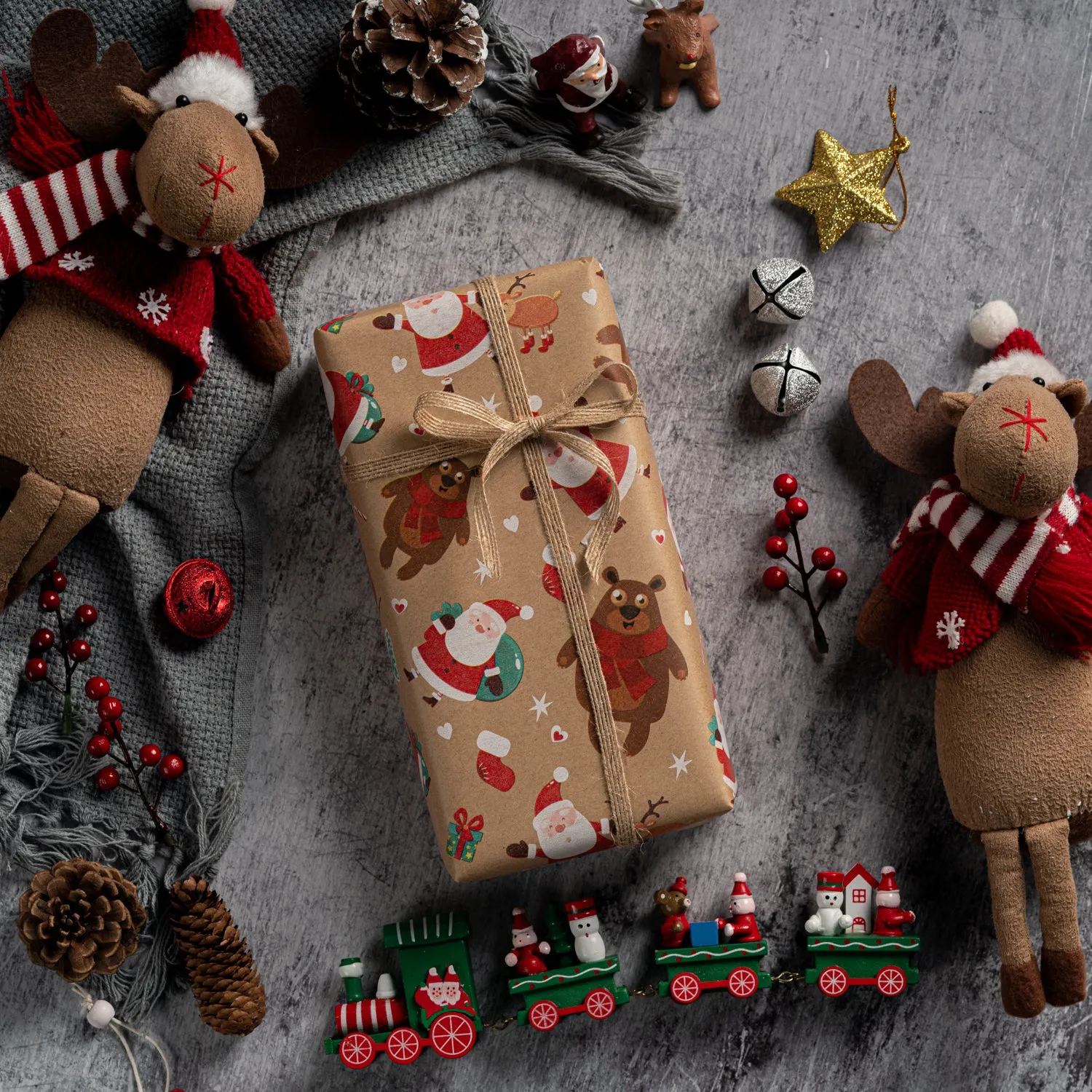 Cute Dancing Santa & Bear Christmas Kraft Wrapping Paper with Cut Line on Reverse
