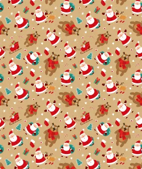 Cute Dancing Santa & Bear Christmas Kraft Wrapping Paper with Cut Line on Reverse