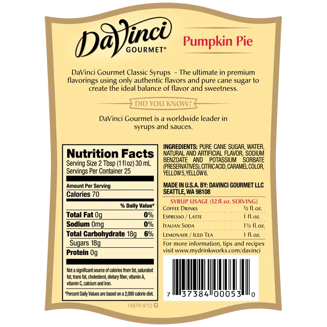 DaVinci Classic Pumpkin Pie Spice Syrup (750mL)