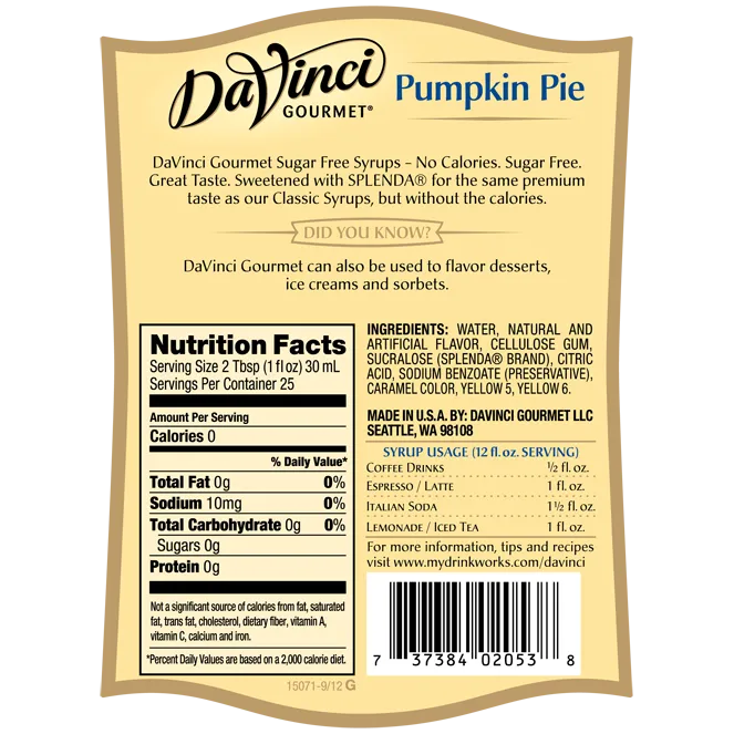 DaVinci Sugar Free Pumpkin Pie Spice Syrup (750mL)