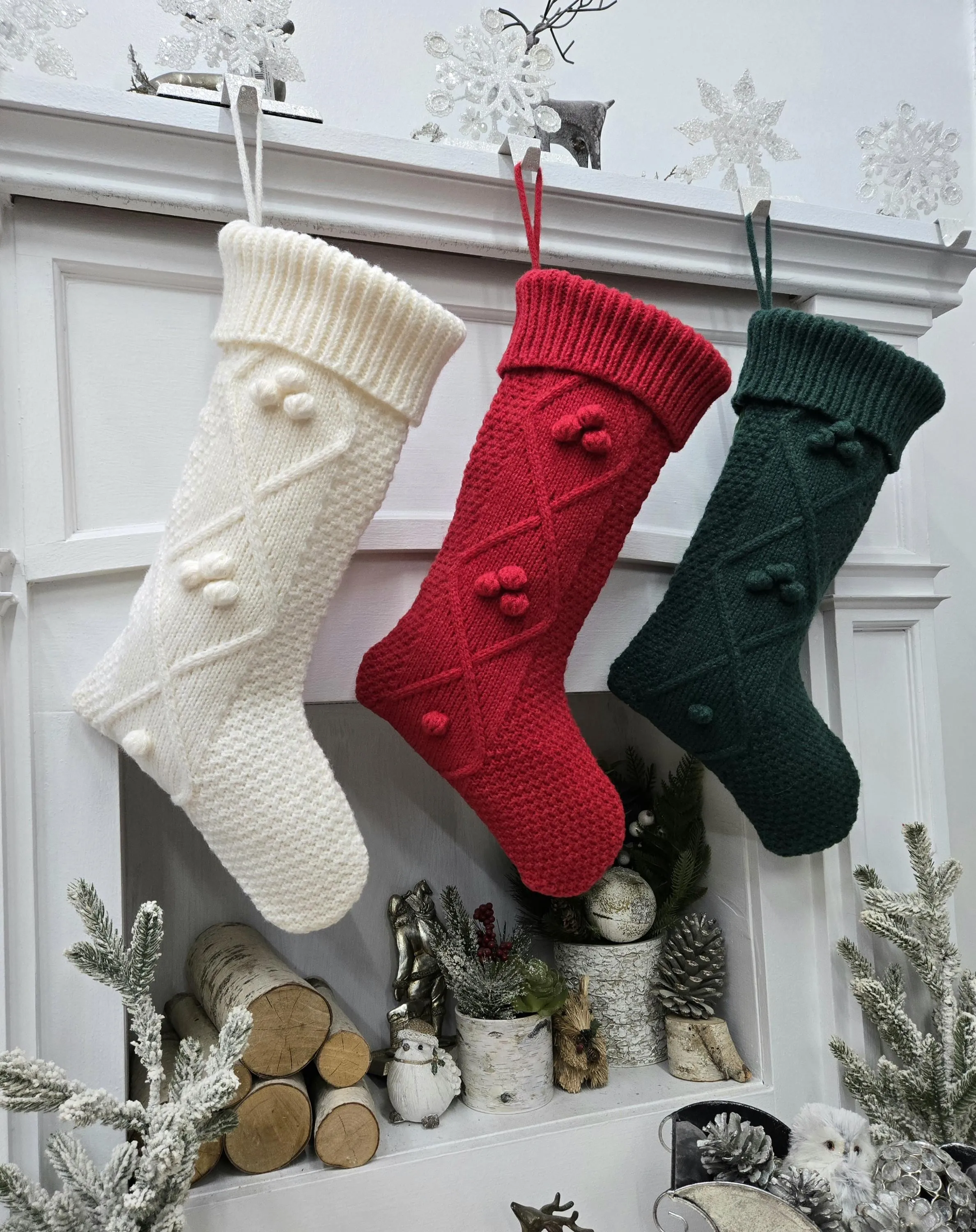 Diamond Cable Knit Christmas Stockings with pom poms| Deep Green Red Cream Knitted Classic Decor Traditional Personalized Embroidered Name
