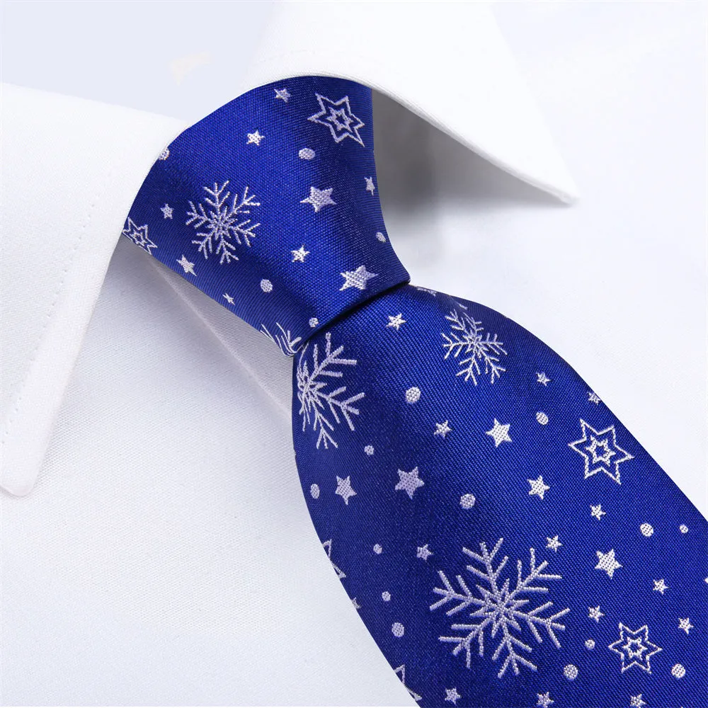 DiBanGu Christmas Blue White Snow Men's Silk Necktie Set