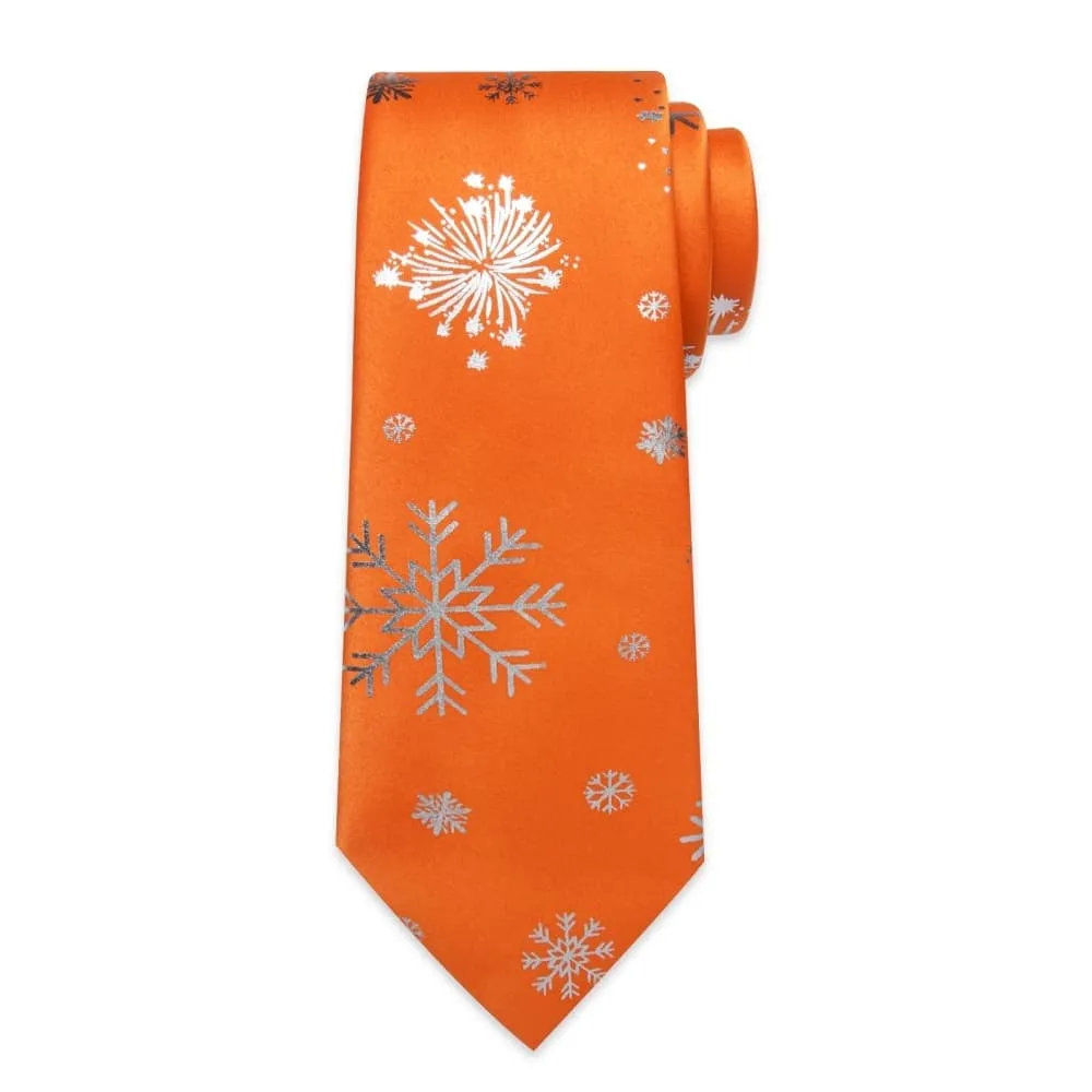 DiBanGu Orange Christmas Snowflake Necktie Pocket Square Cufflinks Set
