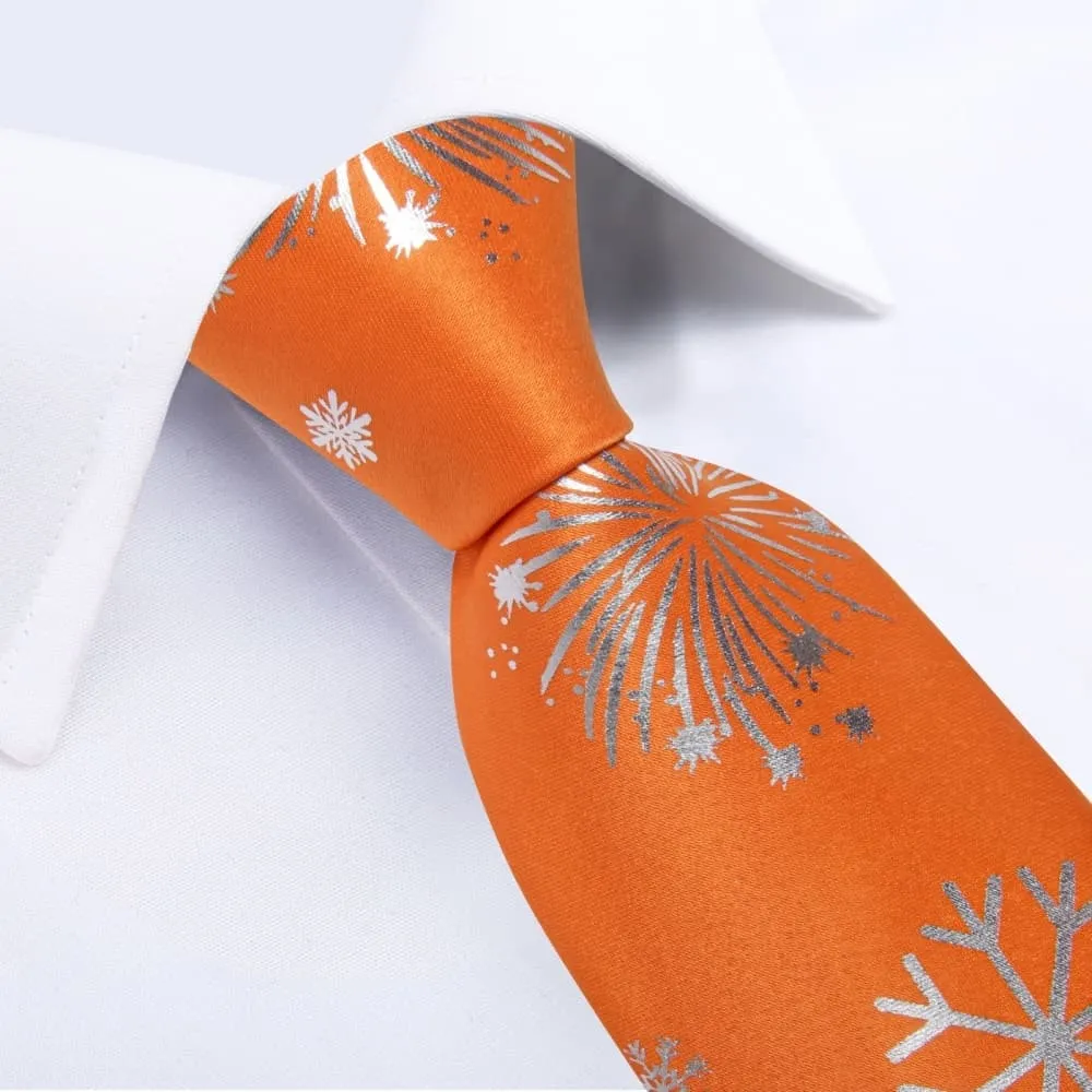 DiBanGu Orange Christmas Snowflake Necktie Pocket Square Cufflinks Set