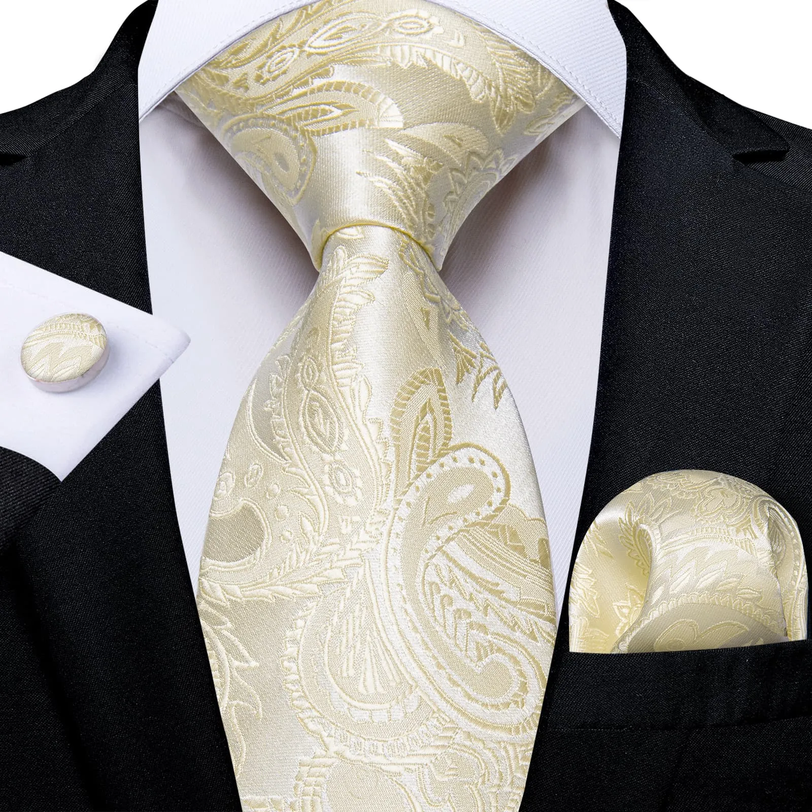 DiBanGu Silk Necktie Champagne Paisley Mens Dress Tie Pocket Square Cufflinks Set