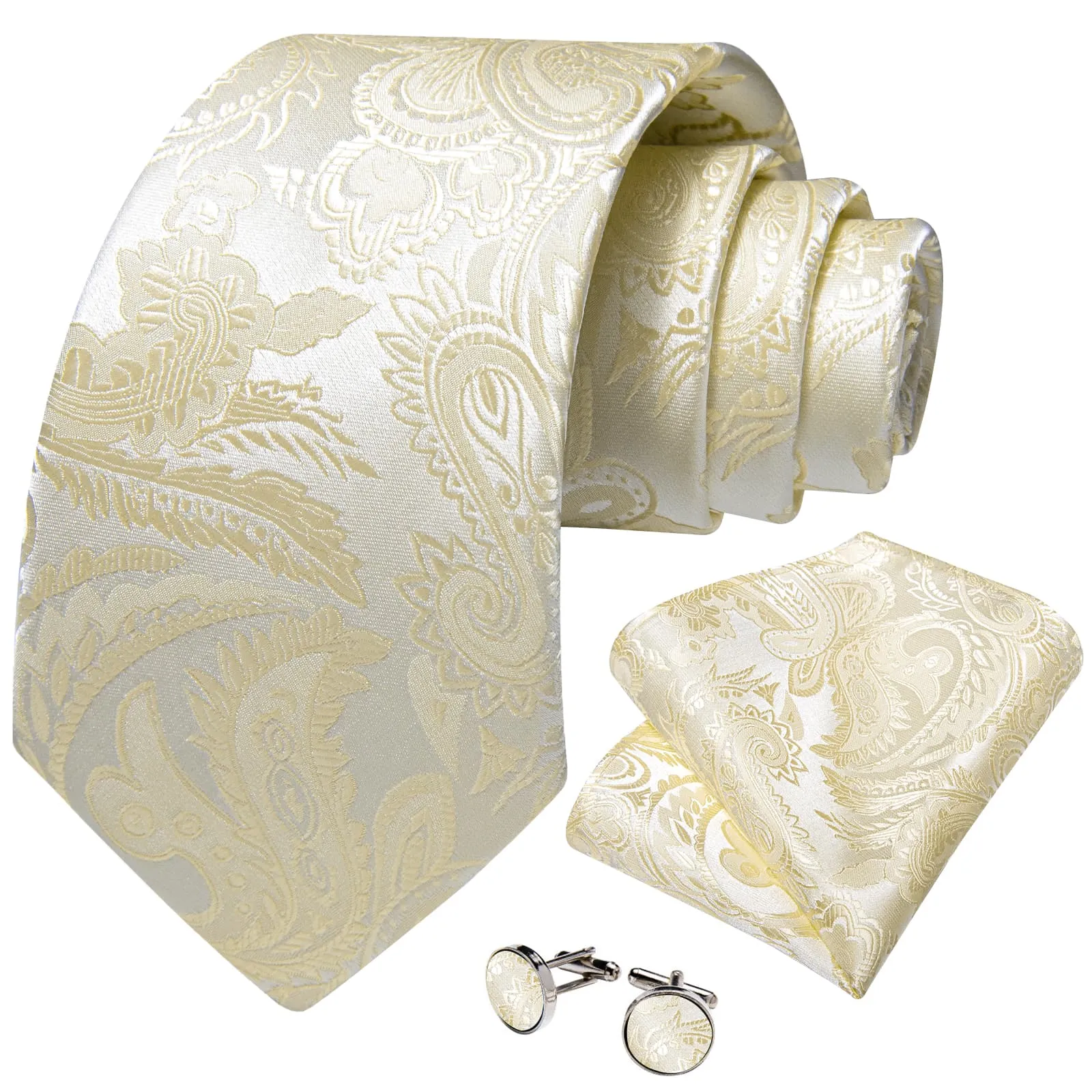 DiBanGu Silk Necktie Champagne Paisley Mens Dress Tie Pocket Square Cufflinks Set