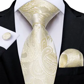 DiBanGu Silk Necktie Champagne Paisley Mens Dress Tie Pocket Square Cufflinks Set