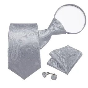 DiBanGu Silk Tie Coin Grey Paisley Lazy Easy-pull Mens Dress Tie Hanky Cufflinks Set