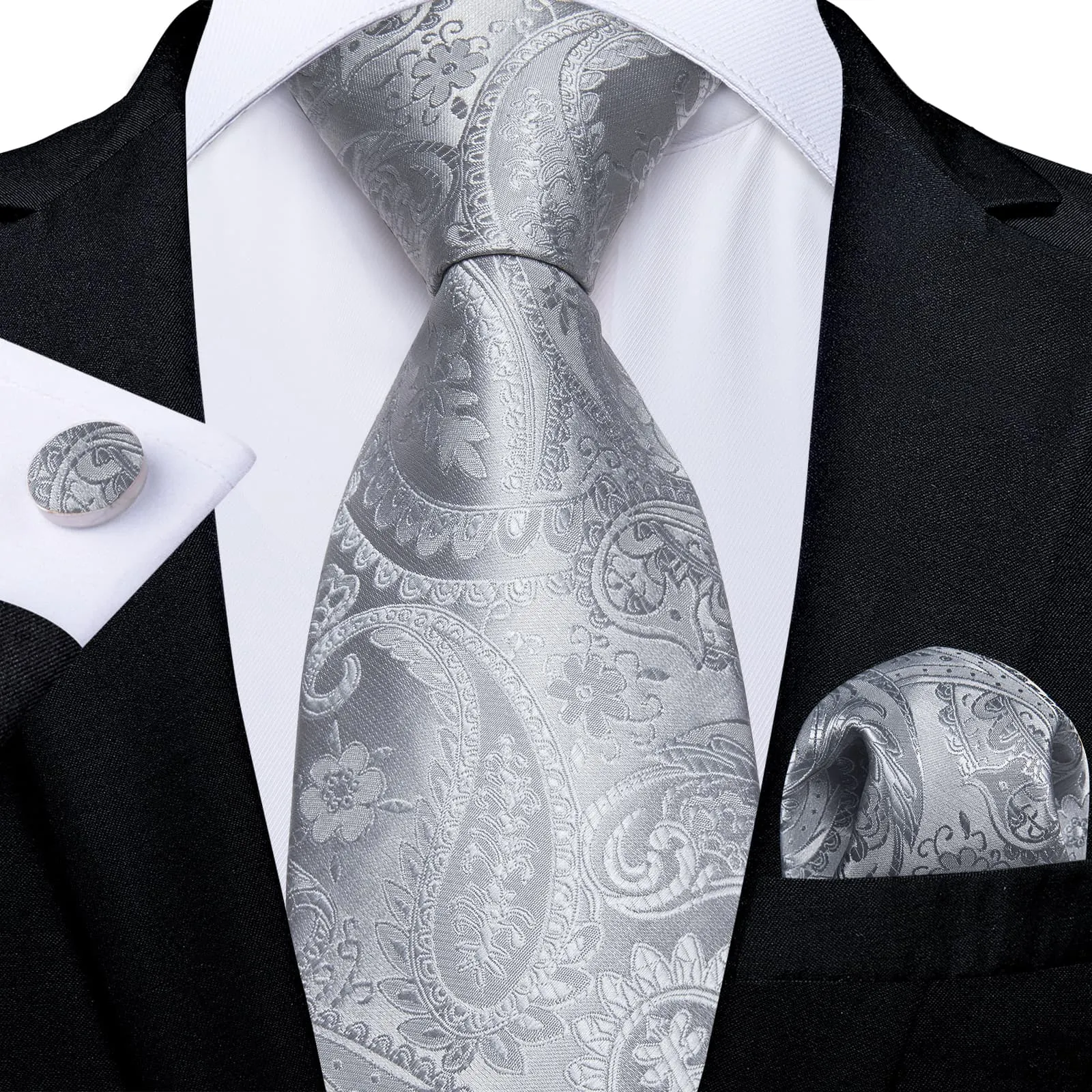 DiBanGu Silk Tie Coin Grey Paisley Lazy Easy-pull Mens Dress Tie Hanky Cufflinks Set