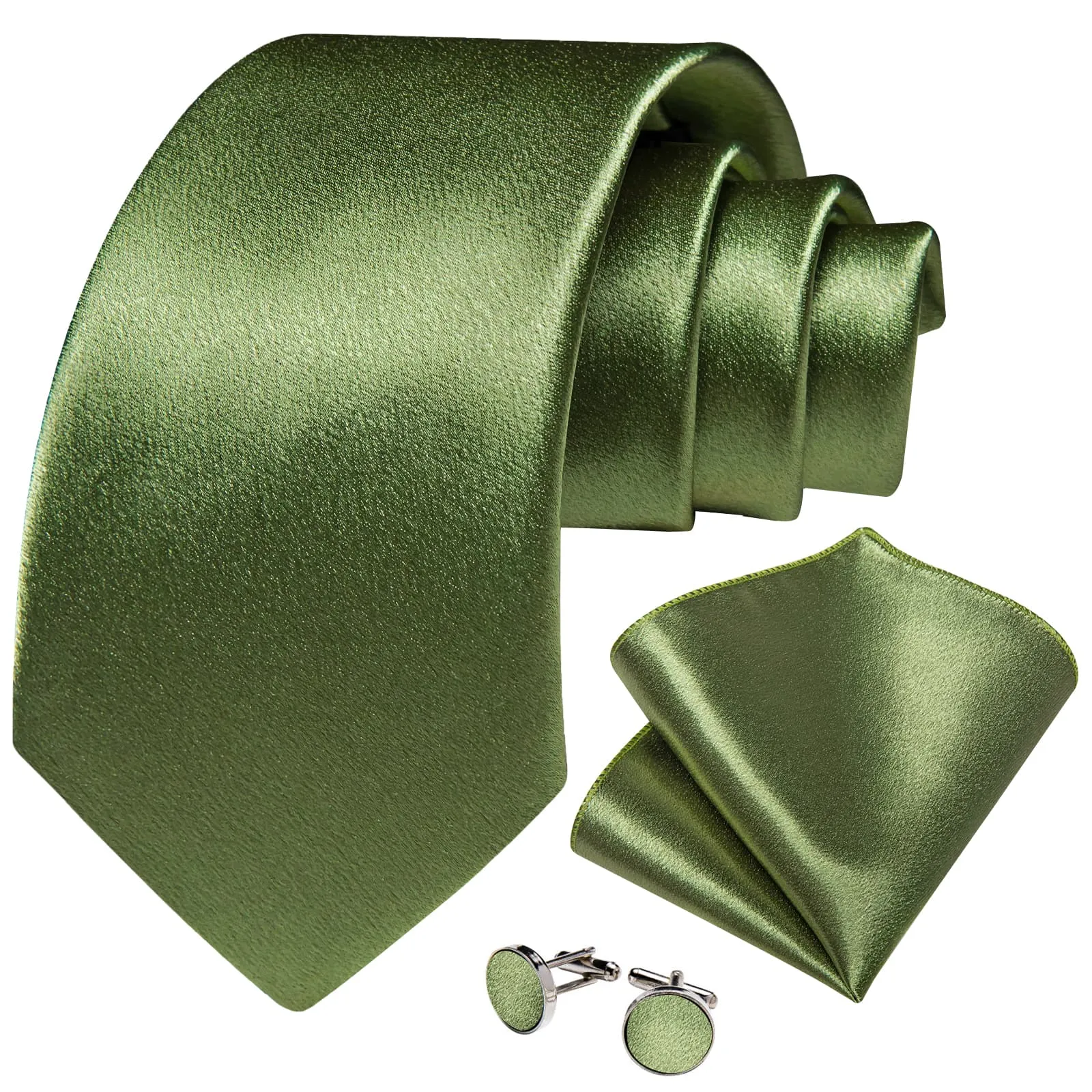 DiBanGu Silk Tie Shining Sage Green Solid Mens Formal Work Dresses Tie Handkerchief Cufflinks Set