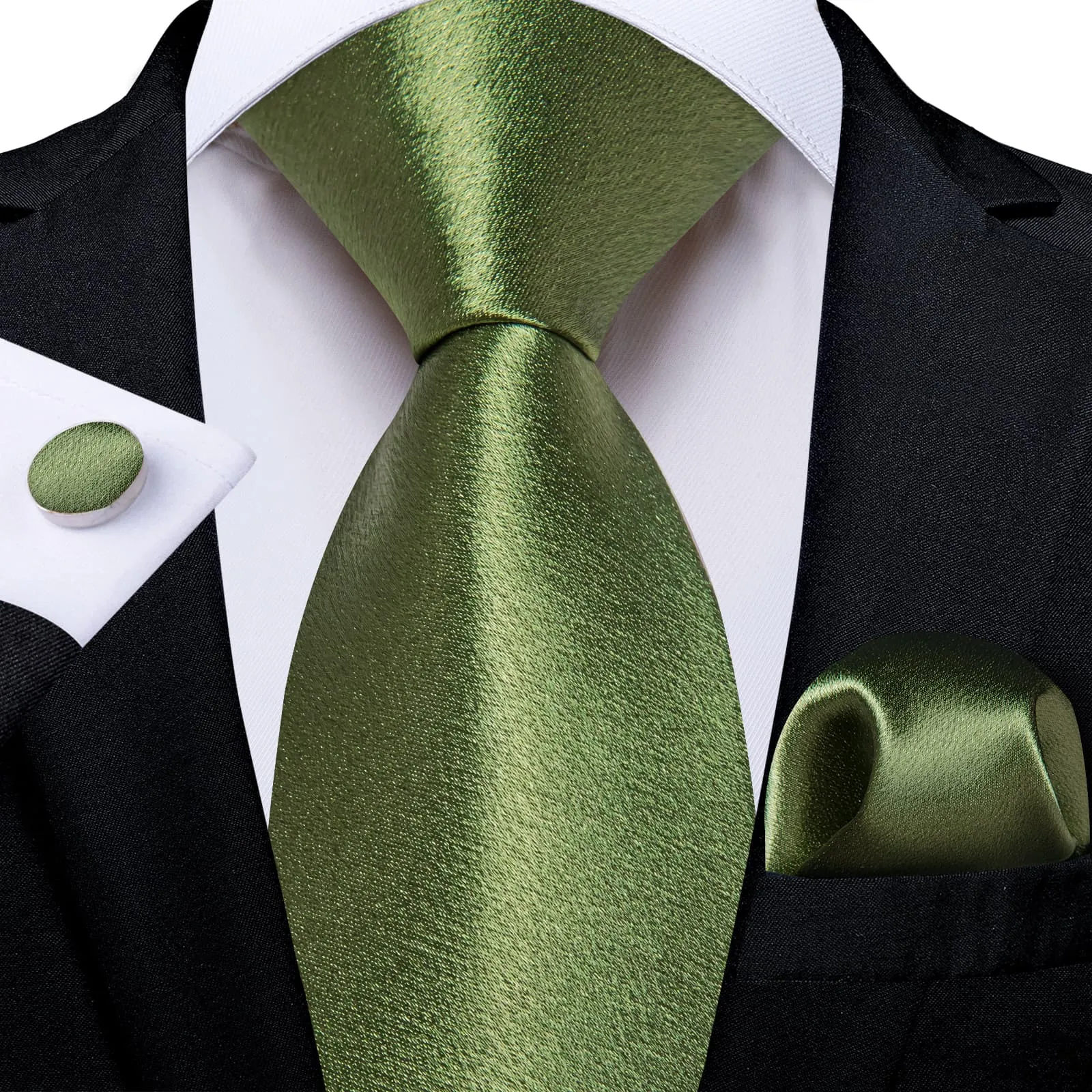 DiBanGu Silk Tie Shining Sage Green Solid Mens Formal Work Dresses Tie Handkerchief Cufflinks Set