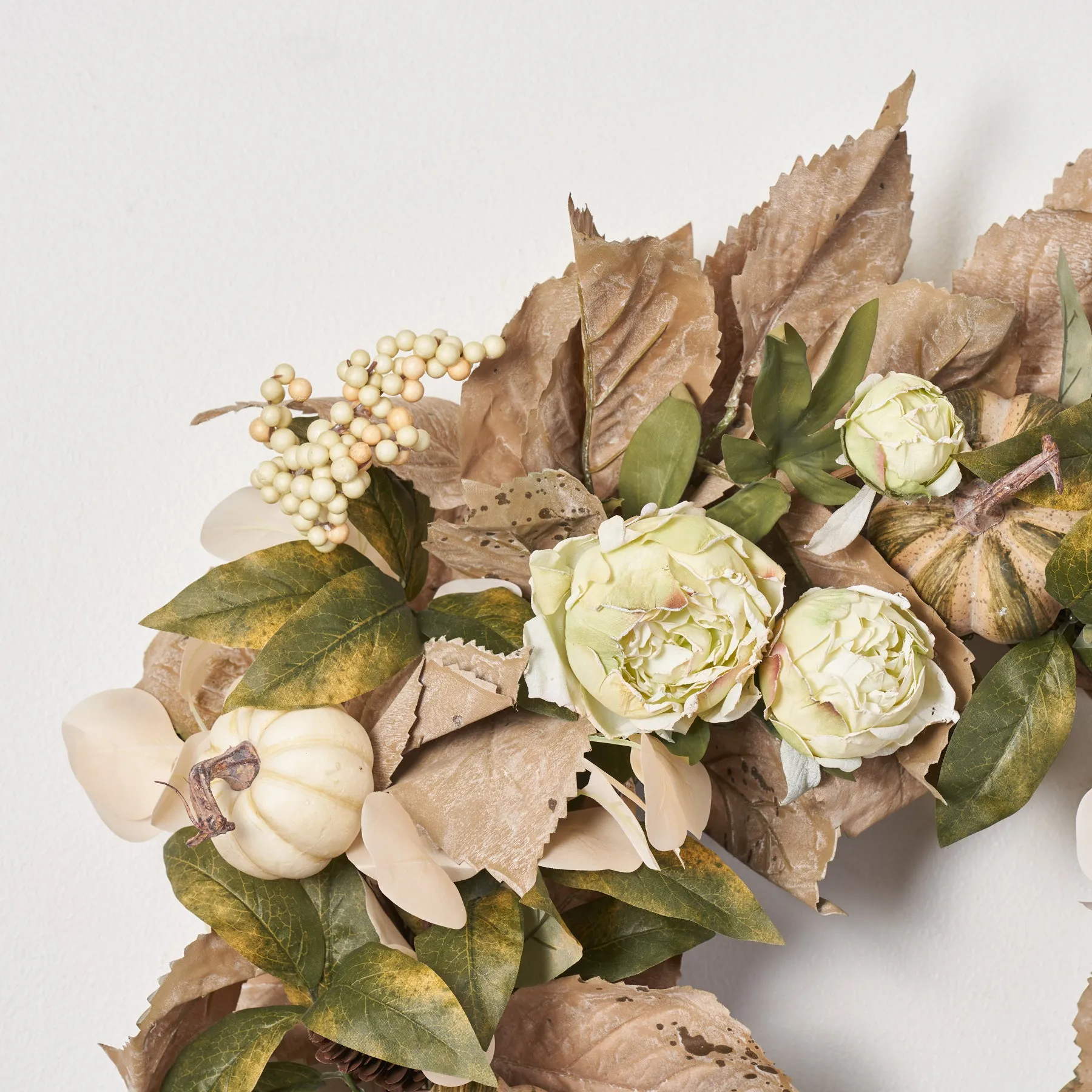 Earthy Elegance - Dried Look Fall Leaves & Green Peony with Neutral Pumpkins Fall Front Door Mantel Wreath