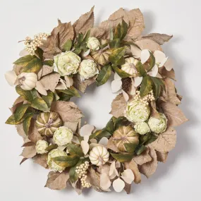 Earthy Elegance - Dried Look Fall Leaves & Green Peony with Neutral Pumpkins Fall Front Door Mantel Wreath