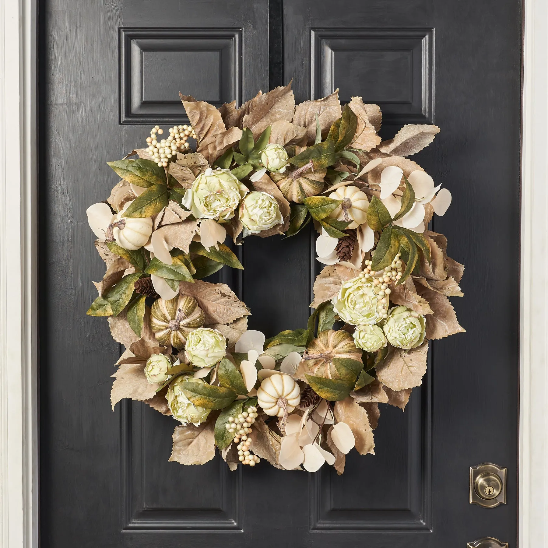 Earthy Elegance - Dried Look Fall Leaves & Green Peony with Neutral Pumpkins Fall Front Door Mantel Wreath