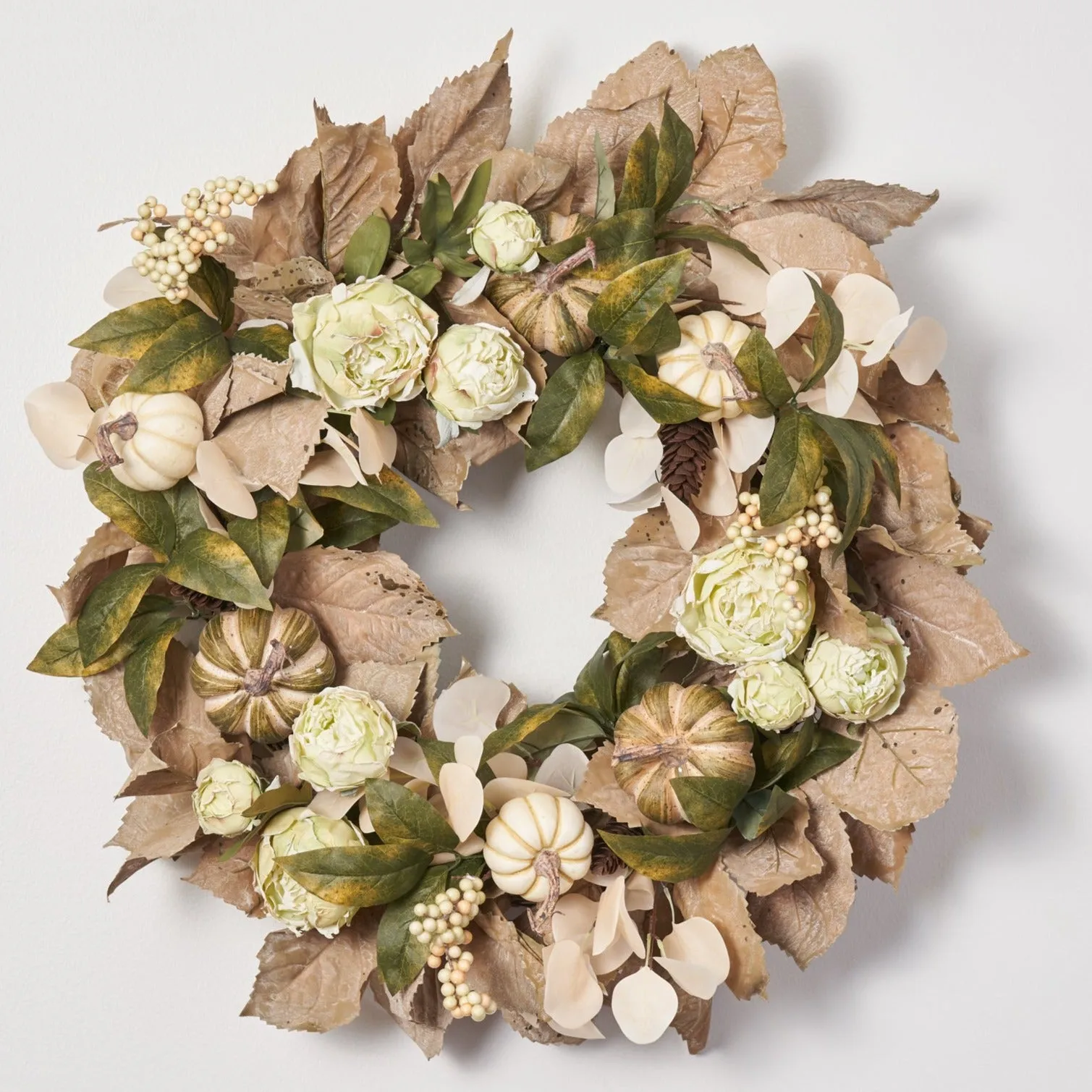 Earthy Elegance - Dried Look Fall Leaves & Green Peony with Neutral Pumpkins Fall Front Door Mantel Wreath