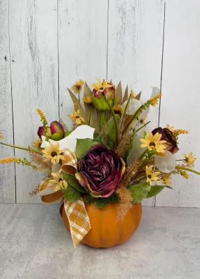 Fall Floral Arrangement in Pumpkin Container