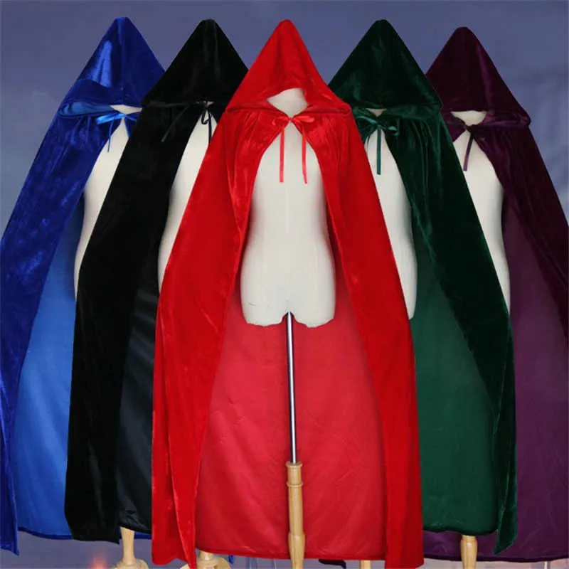 Fancy Cloak Velvet Hooded Adult Witch Long Purple Green Red Black  Cloaks Hood Capes