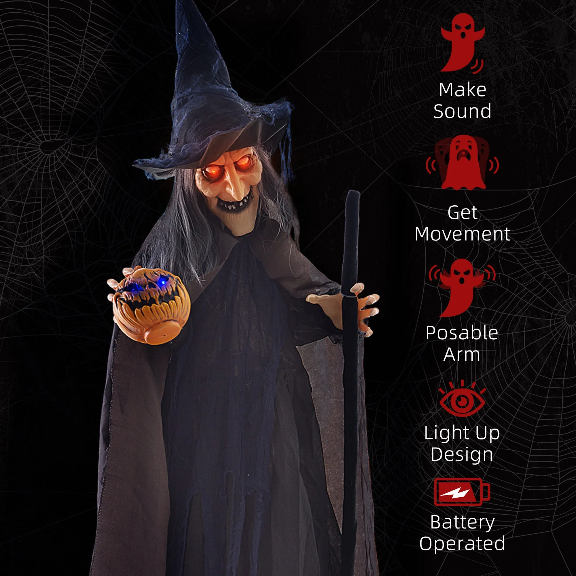 Halloween Witch with Broomstick Animatronic Prop with Light Up Eyes