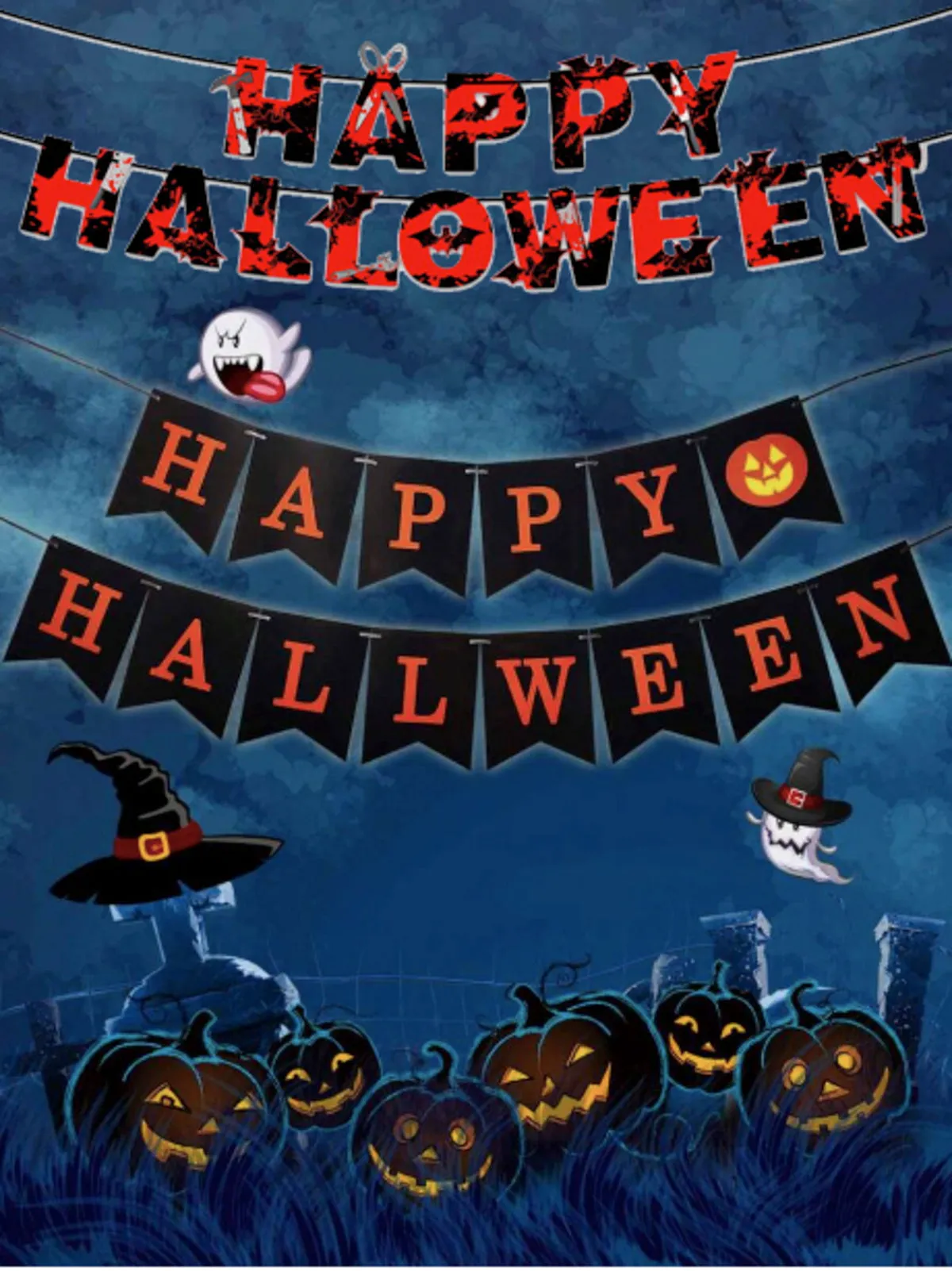 Happy Halloween Decorations Set,Party Props, Pumpkin Banners, Character Cutouts (Flag 12x13)