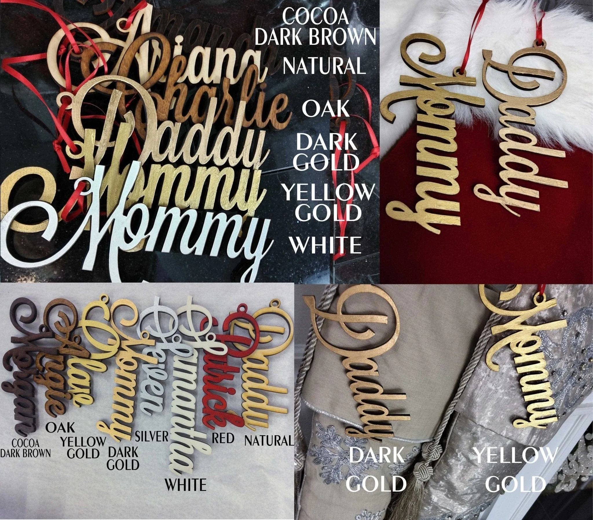 Ivory 20 Inch Cable Knit Christmas Stockings with Faux Fur Cuff Personalized with Cutout Wood Name Tag Custom Family Holiday