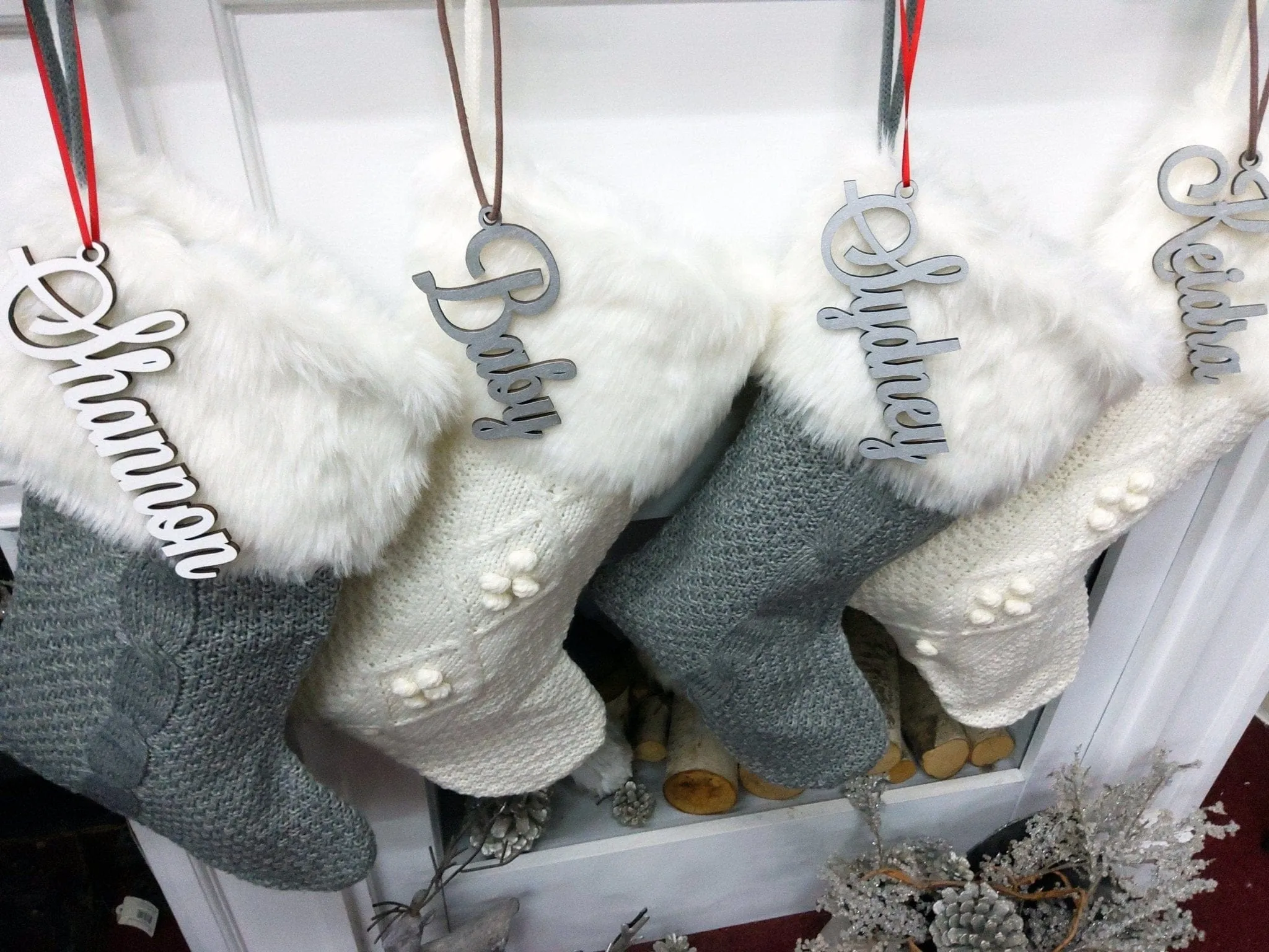 Ivory 20 Inch Cable Knit Christmas Stockings with Faux Fur Cuff Personalized with Cutout Wood Name Tag Custom Family Holiday