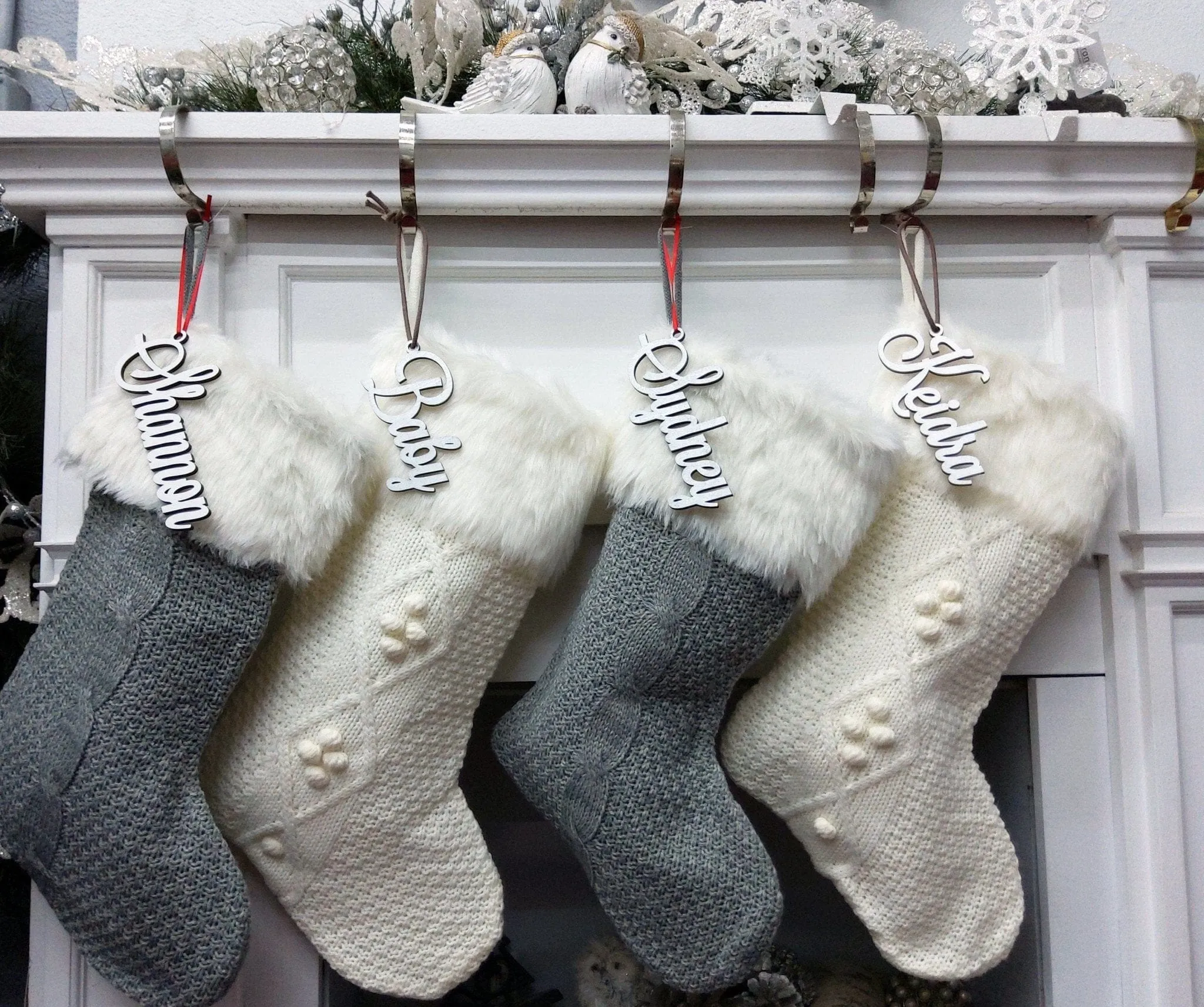 Ivory 20 Inch Cable Knit Christmas Stockings with Faux Fur Cuff Personalized with Cutout Wood Name Tag Custom Family Holiday